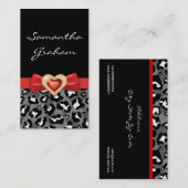 Zwart wit luipaard print met rode strik & juweel visitekaartje (Voorkant / Achterkant)