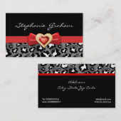 Zwart wit luipaard print met rode strik & juweel visitekaartje (Voorkant / Achterkant)