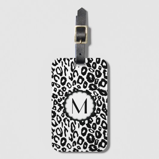 Zwart-wit luipaardmonogram bagagelabel (Voorkant (verticaal))