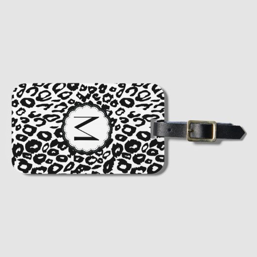 Zwart-wit luipaardmonogram bagagelabel (Voorkant (horizontaal))