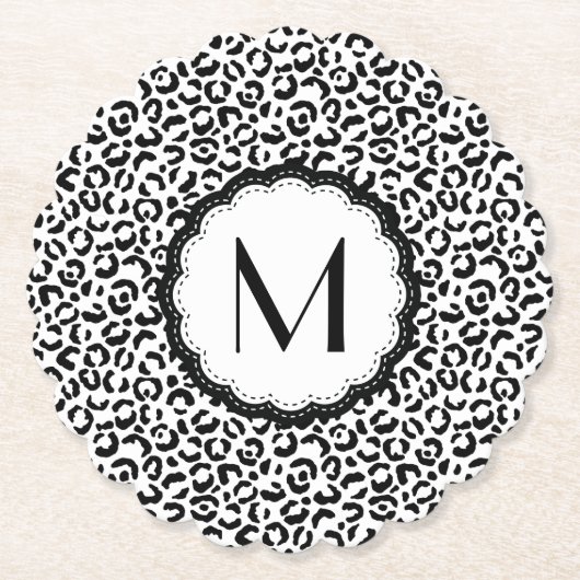 Zwart-wit luipaardmonogram kartonnen onderzetters (Voorkant)