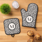 Zwart-wit luipaardmonogram ovenwant & pannenlap set (Top down)