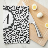 Zwart-wit luipaardmonogram theedoek (Quarter Fold)