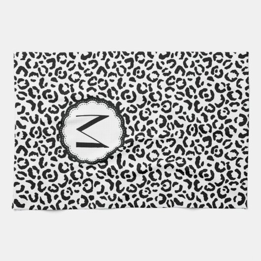 Zwart-wit luipaardmonogram theedoek (Horizontaal)
