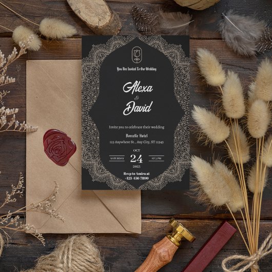 zwart wit luxe bruiloft uitnodiging