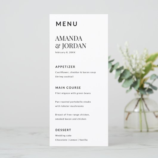 Zwart-wit Luxe minimalistisch Verloving Menu (Staand voorkant)