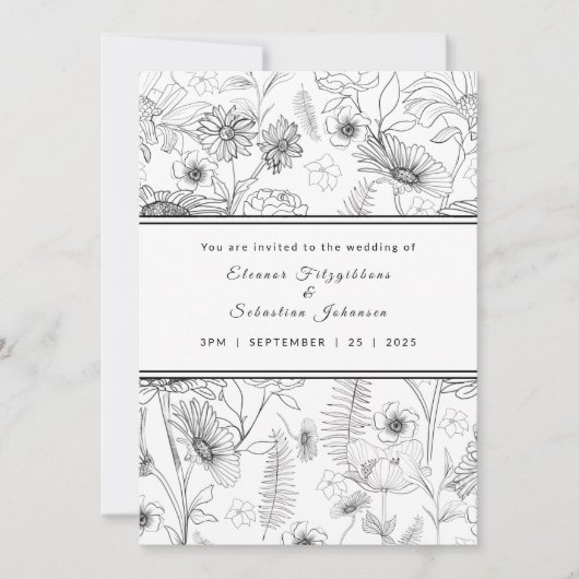 Zwart & wit madeliefje rozen patroonbruiloft kaart (Voorkant)