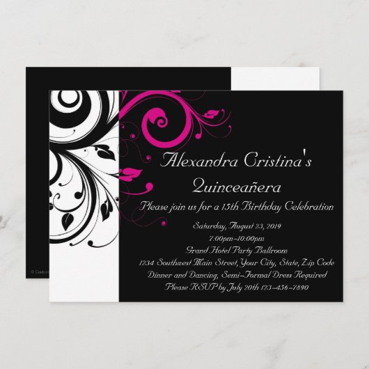 Zwart, Wit, Magenta Swirl Quinceañera Kaart (Voorkant / Achterkant)