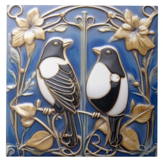 Zwart-wit Magpie Art Nouveau Art Deco Vogels Tegeltje (Voorkant)