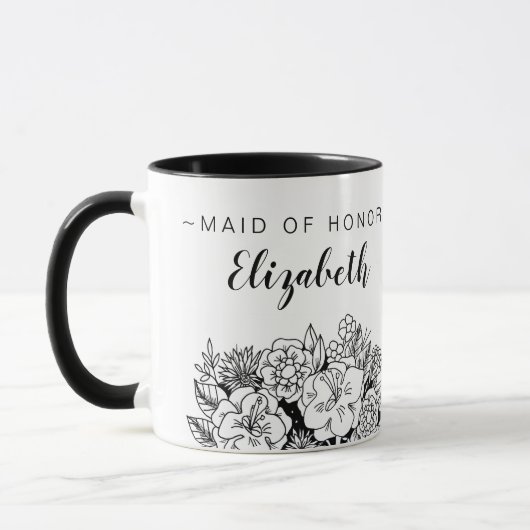 Zwart-wit MAID, HONOR Bouquet, met naam Mok (Links)