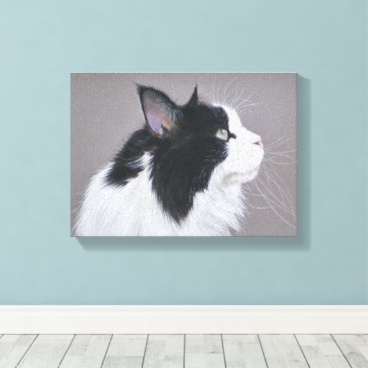 Zwart-wit Maine Coon kat Canvas Afdruk (Insitu (Houten vloer))