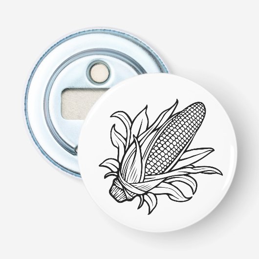 Zwart-wit maïskolfpictogram met bladeren button flesopener (Voorkant)