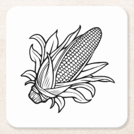 Zwart-wit maïskolfpictogram met bladeren kartonnen onderzetters