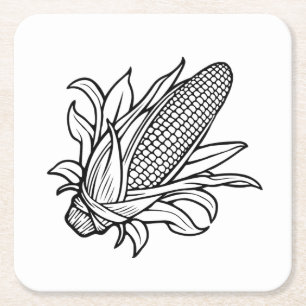 Zwart-wit maïskolfpictogram met bladeren kartonnen onderzetters