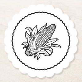 Zwart-wit maïskolfpictogram met bladeren kartonnen onderzetters