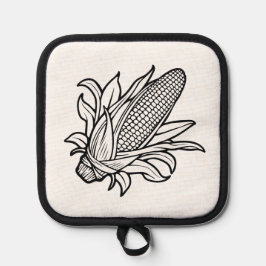 Zwart-wit maïskolfpictogram met bladeren pannenlap