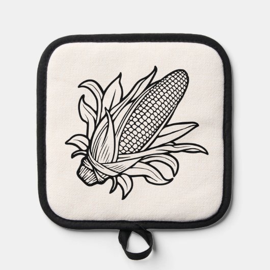 Zwart-wit maïskolfpictogram met bladeren pannenlap (Voorkant)