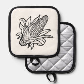 Zwart-wit maïskolfpictogram met bladeren pannenlap (Voorkant / Achterkant)