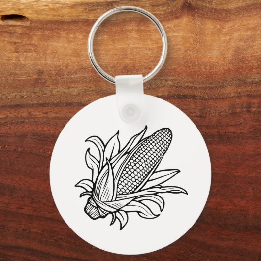 Zwart-wit maïskolfpictogram met bladeren sleutelhanger (Voorkant)