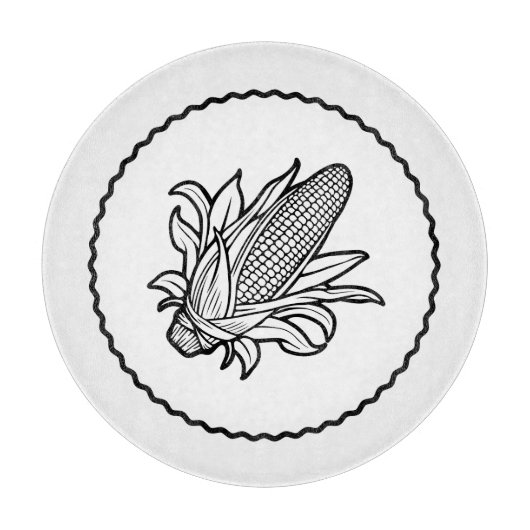 Zwart-wit maïskolfpictogram met bladeren snijplank (Voorkant)