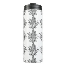 Zwart-wit maïskolfpictogram met bladeren thermosbeker