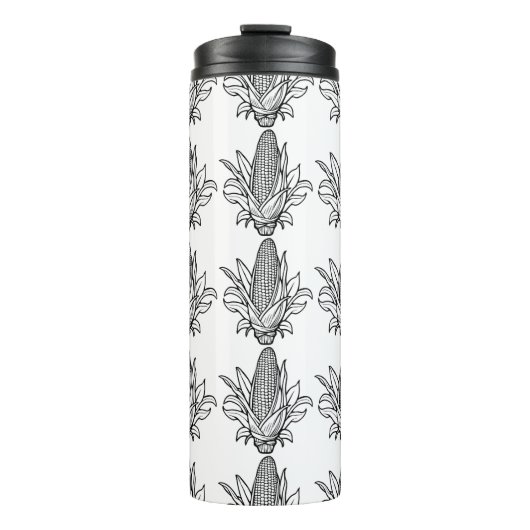 Zwart-wit maïskolfpictogram met bladeren thermosbeker (Voorkant)