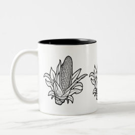 Zwart-wit maïskolfpictogram met bladeren tweekleurige koffiemok