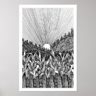 Zwart-wit maïsveld zonsopgang Fijne Lijn Kunst Dr Poster