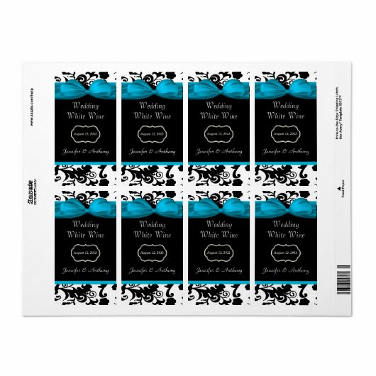 Zwart, Wit & Malibu Blauw Damask Mini Wijn Labels (Full Sheet)