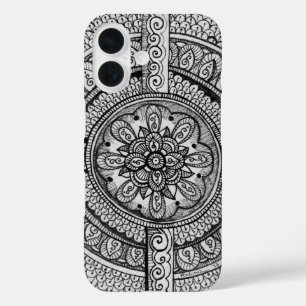 Zwart-wit Mandala Bloemen Patroon iPhone 16 Hoesje