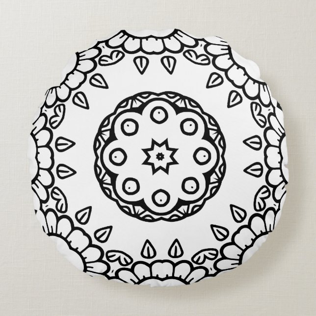 Zwart-wit Mandala Frame Patroon  Rond Kussen (Voorkant)