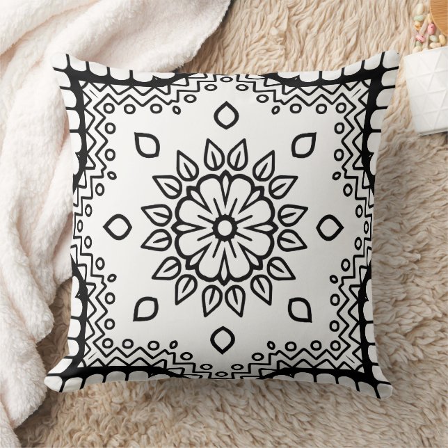 Zwart-wit mandala-framepatroon  kussen (Deken)