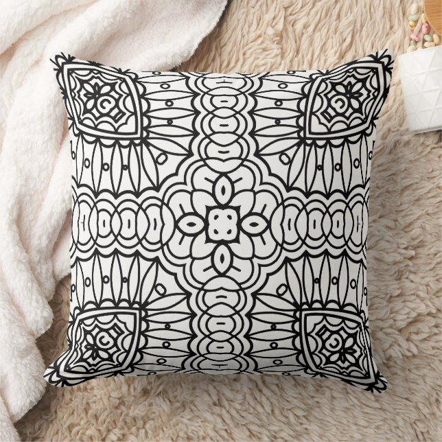 Zwart-wit mandala-framepatroon  kussen (Deken)