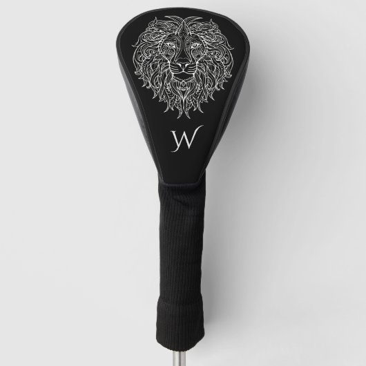 Zwart-wit Mandala Lion Head Monogram Initiaal Golfheadcover (Voorkant)