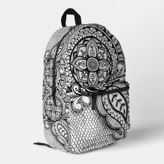 Zwart-wit Mandala Meerminnenweb Boho Chic Bedrukte Rugzak (Achterkant Hoek Links)
