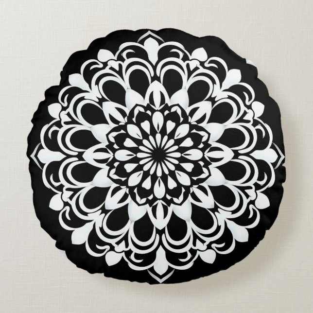 Zwart-wit Mandala-ontwerp Rond Kussen (Voorkant)