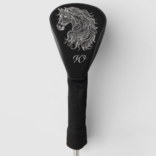 Zwart Wit Mandala Paardenkop Monogram Initiaal Golfheadcover (Voorkant)