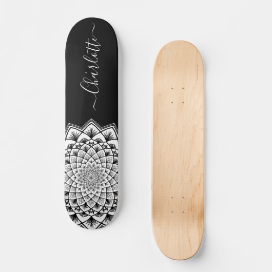Zwart wit Mandala Pattern Monogram Skateboard (Voorkant)