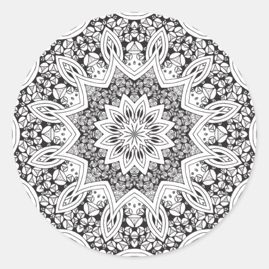 Zwart-wit Mandala Ronde Sticker (Voorkant)