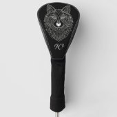Zwart & Wit Mandala Wolf Hoofd Monogram Initiaal Golfheadcover (Voorkant)