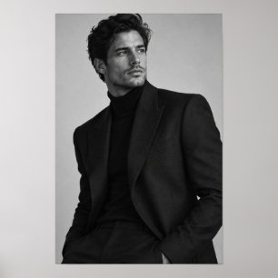 Zwart-wit mannenportret in zwart pak muur A Poster