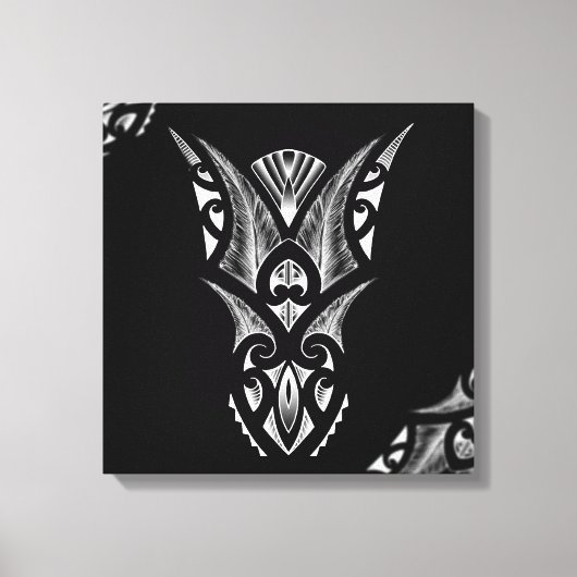 Zwart/wit Maori tattoo ontwerp met veren Canvas Afdruk (Voorkant)