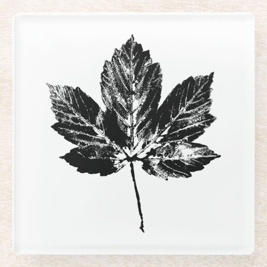 Zwart-wit Maple Leaf Print Glazen Onderzetter (Voorkant)