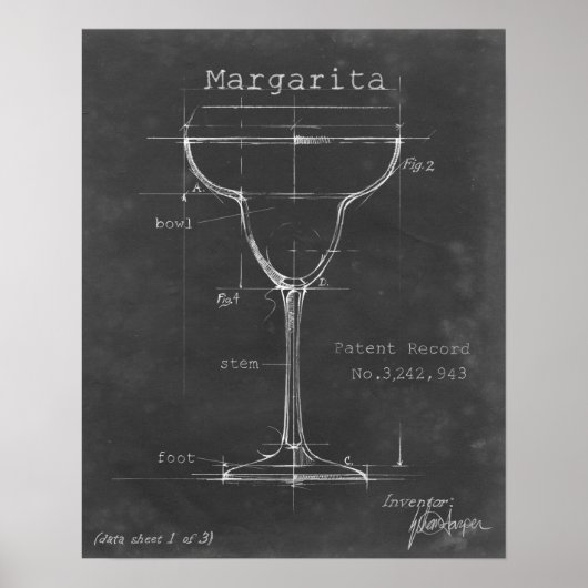 Zwart-wit Margarita Glass Blueprint Poster (Voorkant)