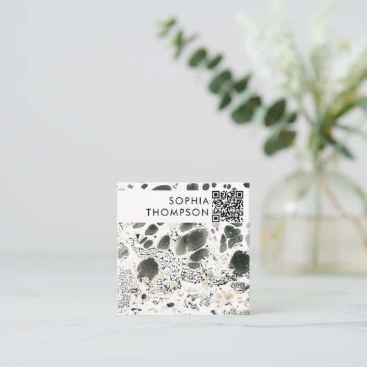 Zwart-wit marmer Abstracte QR-code Social Media Vierkante Visitekaartje (Staand voorkant)