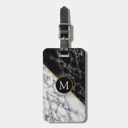 Zwart Wit Marmer Bagagelabel met Custom Letter (Voorkant verticaal)