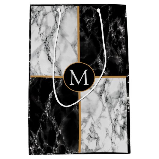 Zwart Wit Marmer Custom Uw Brief Gift Bag Medium Cadeauzakje (Voorkant)