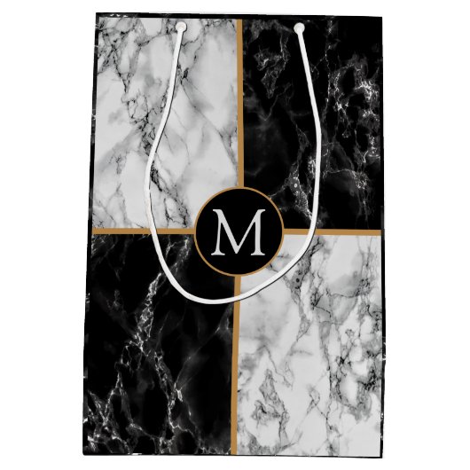 Zwart Wit Marmer Custom Uw Brief Gift Bag Medium Cadeauzakje (Achterkant)