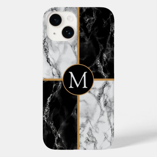 Zwart Wit Marmer Custom Uw Letter iPhone Case (Achterkant)