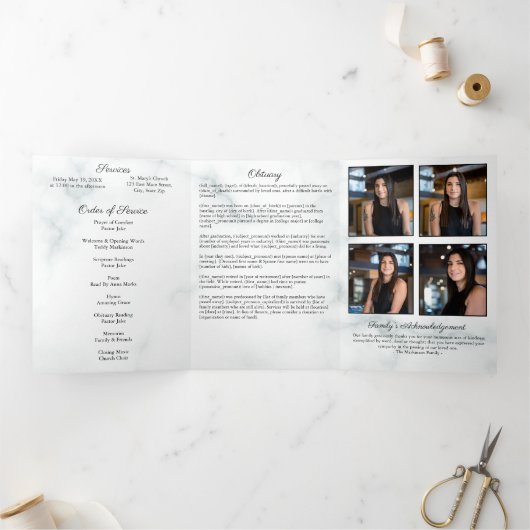 Zwart-wit marmer Elegante begrafenisdiensten Drieluik Programma (Binnen)